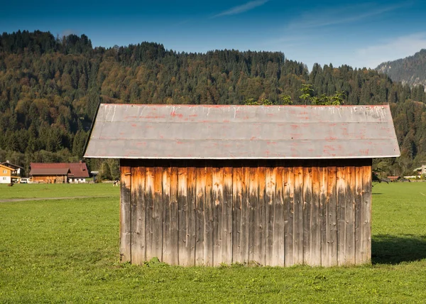 緑の草原に板金の屋根のある木造小屋 — ストック写真