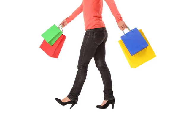 Kvinna Med Shoppingväskor Isolerade Vitt — Stockfoto