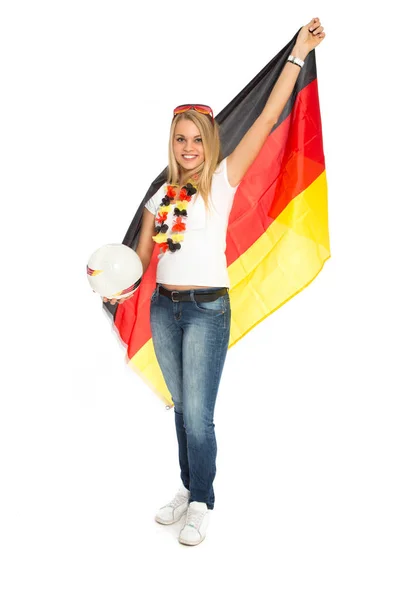 Wanita Dengan Bola Kulit Dan Bendera Germany — Stok Foto