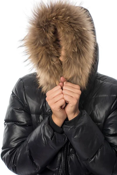 Woman Ashamed Because She Wears Fur Animal Hood — Stock Photo, Image