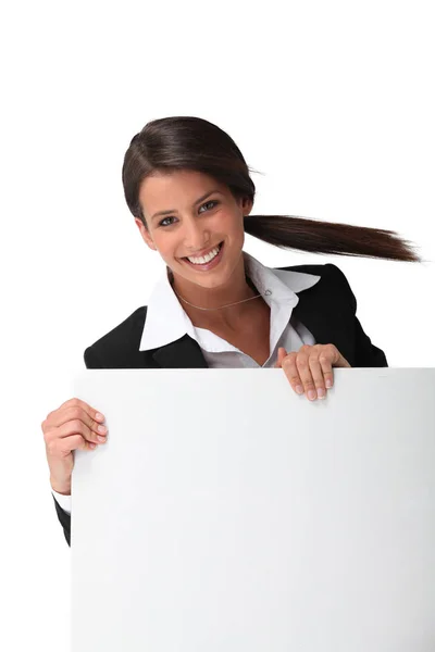 Young Smiling Woman Suit Board Blank Your Message — Stock Photo, Image