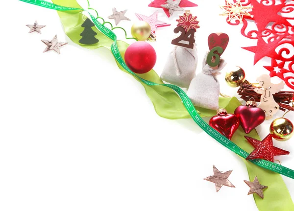 Sluiten Assorted Aantrekkelijke Kerstdecors Met Veters Sterren Ballen Santa Sacks — Stockfoto