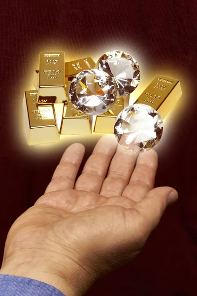 Złoto Diamenty Unoszące Się Nad Dłonią — Zdjęcie stockowe