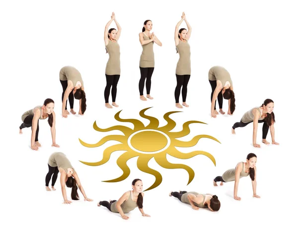 sequence of sun salutation with sun symbol