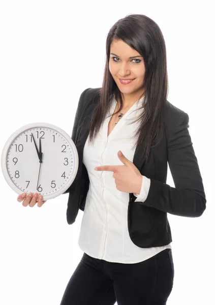 Mujer Joven Traje Pantalón Sosteniendo Reloj Pared — Foto de Stock