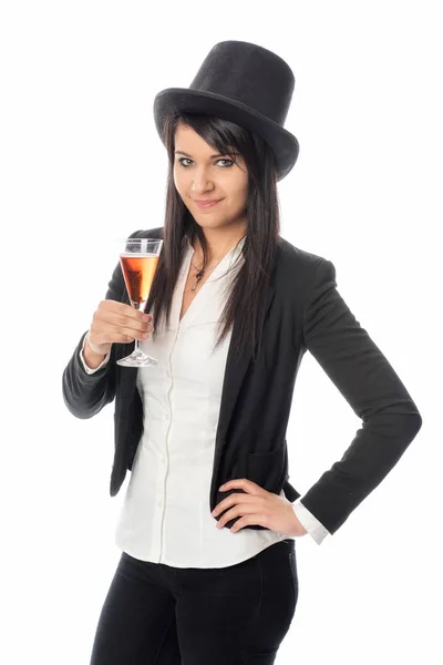 Young Woman Glass Champagne Holding Cylinder — Stock Photo, Image
