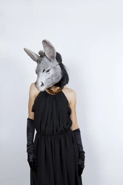 Mulher Usando Uma Máscara Burro Com Vestido Noite Luvas Noite — Fotografia de Stock