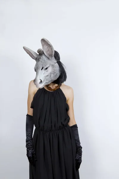 Mujer Con Una Máscara Burro Con Vestido Noche Guantes Noche —  Fotos de Stock