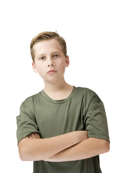 Torso Retrato Joven Adolescente Camiseta Brazos Cruzados Mirando Cámara Sobre —  Fotos de Stock