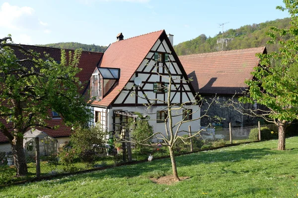 Dům Fachwerk Fachwerkhaus Franken Bavorsko Obytná Budova Okno Dormer Nebe — Stock fotografie