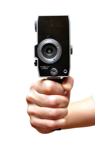 Man Hand Holding Old Video Camera White — Stock Photo, Image