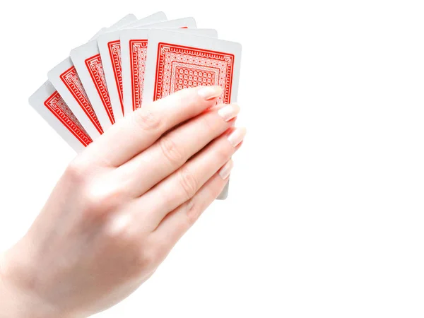 Carte Gioco Nella Mano Della Donna Sullo Sfondo Bianco — Foto Stock