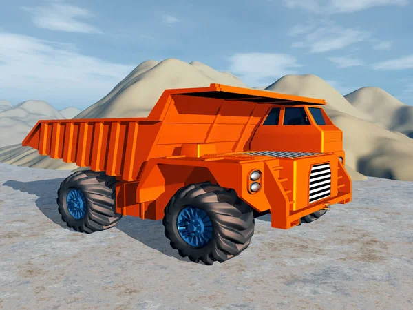 计算机生成了3D图形 在一堆沙子前面有一辆巨大的红色垃圾车 — 图库照片