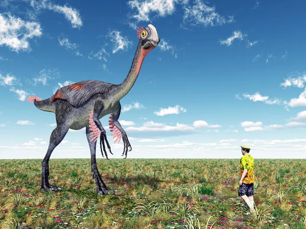 Computador Gerado Ilustração Com Gigantoraptor Dinossauro Turistas Imprudentes — Fotografia de Stock