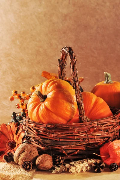 Thanksgiving Different Pumpkins Rattan Basket Brown Background Candlelight — Stock Photo, Image