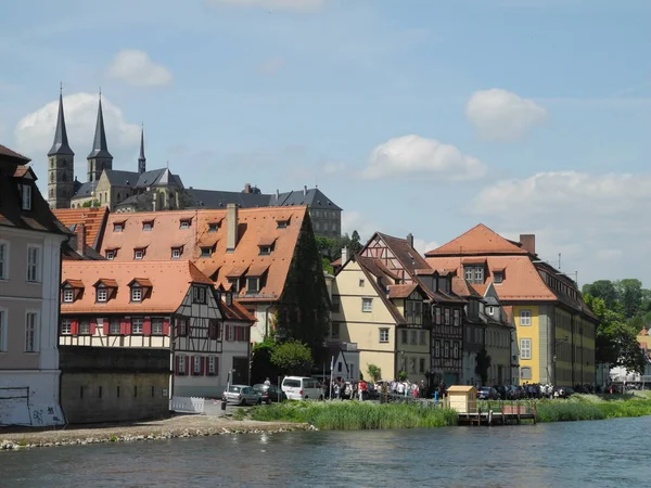 Regnitz Bamberg Franken Bajor Folyó Patak Ház Házak Part Kolostor — Stock Fotó