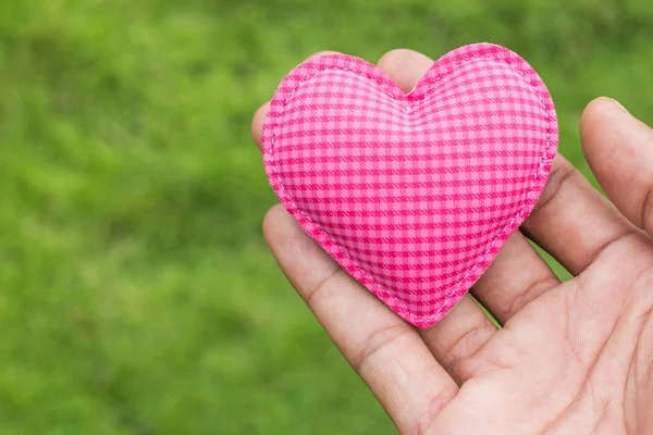 Hand Hold Hart Liefde Groen Gras Achtergrond — Stockfoto