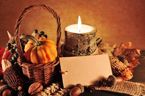 Small Pumpkin Basket Old Weathered Wooden Boards Candlelight Copy Space — Stockfoto
