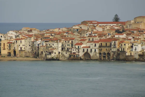 Casas Longo Litoral Catedral Segundo Plano Cefalu Fisicamente — Fotografia de Stock