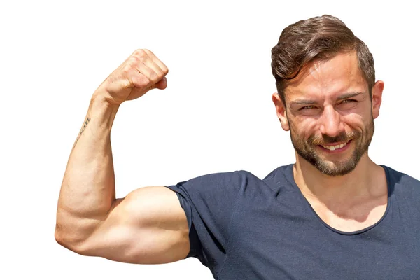 Młody Człowiek Pokazuje Swoje Bicepsy — Zdjęcie stockowe