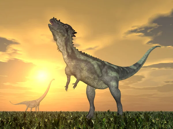 Computer Generated Illustration Dinosaurs Pachycephalosaurus Mamenchisaurus Sunset — Stock Photo, Image