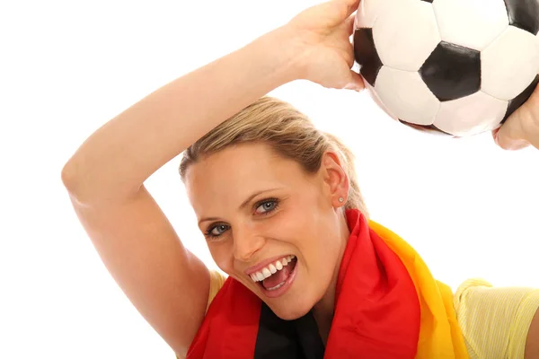 Giovane Donna Con Pallone Calcio Isolato Bianco — Foto Stock