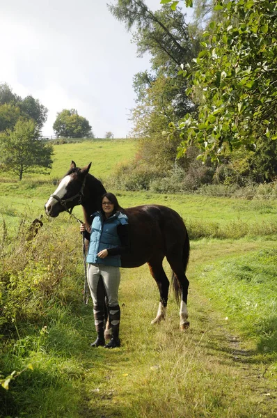Paard Jonge Vrouw Vrouw Jong Paardenvrouw Rap Merrie Weide Boerderijdier — Stockfoto