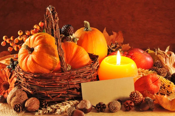 Thanksgiving Various Squashes Nuts Corn Apple Rattan Basket Candlelight Copy — Stockfoto