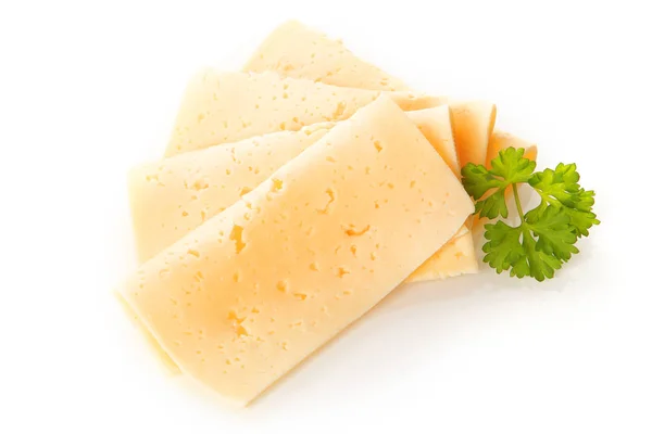 薄切りにしたスライスでおいしい新鮮なオランダのグダチーズが折り畳まれ 新鮮なパセリで飾られ 白い背景に高い角度 — ストック写真