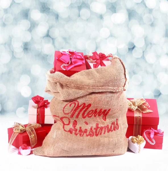 Color Thème Burlap Red Bag Christmas Sack Filled Overflowing Assortment — Photo
