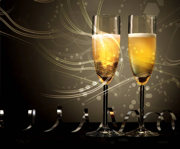 Nieuwjaar Bruiloft Jubileum Achtergrond Van Twee Elegante Fluiten Champagne Met — Stockfoto