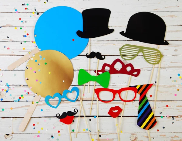 Trendy Kleurrijke Party Achtergrond Van Leuke Fotohokje Accessoires Voor Komische — Stockfoto