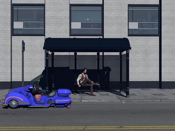 Автобусные Приюты Человеком Мотоциклом — стоковое фото