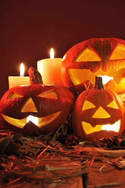 Halloween Pumpkin Jack Lantern Candles Black Background — Stock Photo, Image