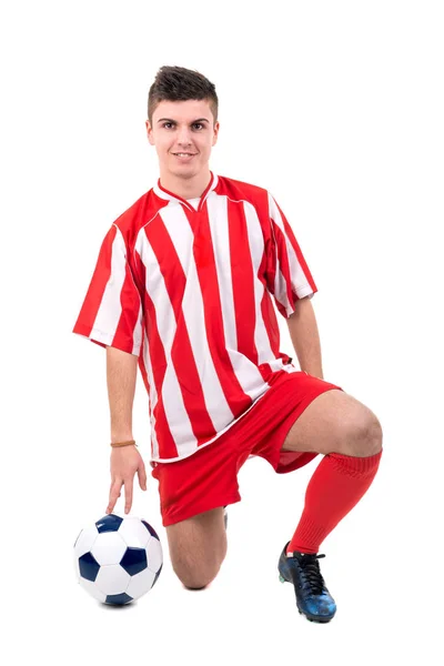 Jogador Futebol Com Uma Bola Isolada Branco — Fotografia de Stock