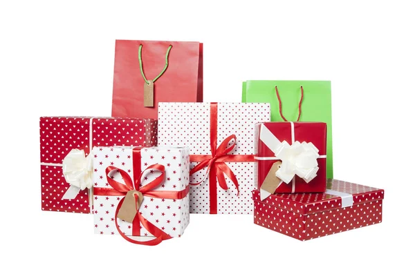 Stack Christmas Gifts Giftbags Isolated White Background — Stock Photo, Image