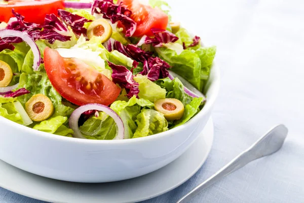 Verse Salade Met Tomaten Olijven Uien — Stockfoto