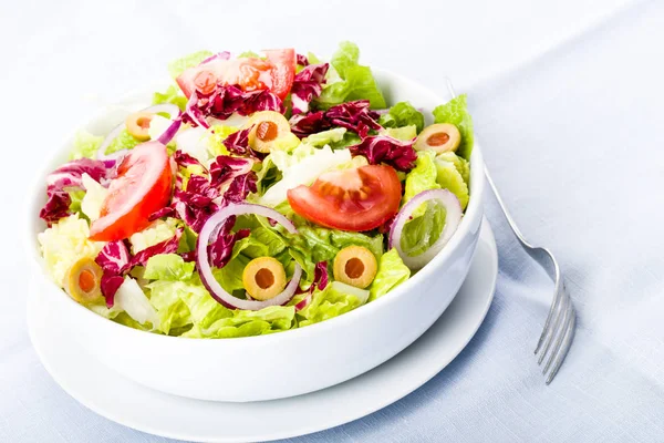 Verse Salade Met Tomaten Olijven Uien — Stockfoto