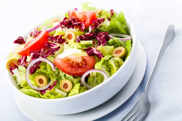 Verse Salade Met Tomaten Olijven Uien — Stockfoto