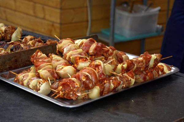 Schaschlick Kebab Mise Place Připraven Grilování — Stock fotografie