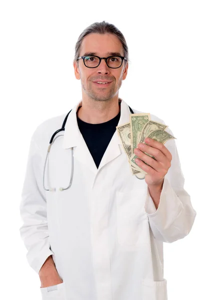 Vänlig Läkare Med Spargris Bank Vit Labbrock — Stockfoto