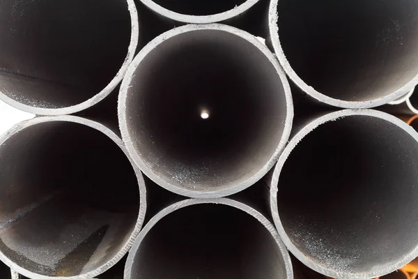 Сірі Металеві Труби Крупним Планом Відкритому Складі Взимку — стокове фото