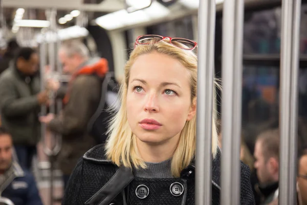 Beautiful Blonde Caucasian Lady Wearing Winter Coat Traveling Metro Rush — Stock Photo, Image