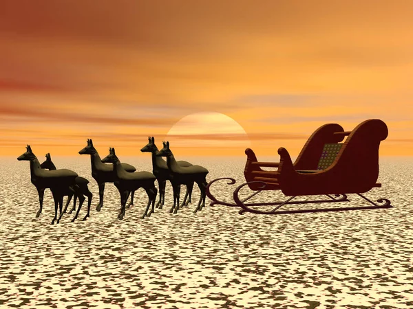 Christmas Sleigh Reindeer Sunset — Stock Photo, Image