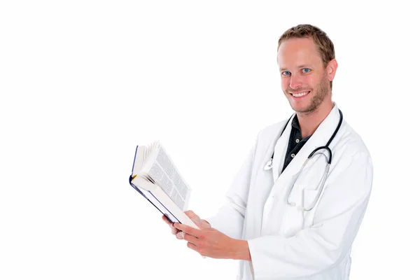 Young Doctor White Coat Reading Book — Stock Photo, Image