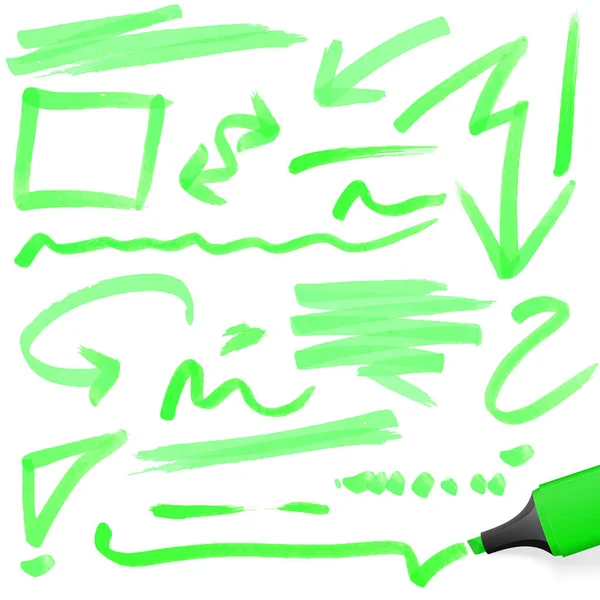 Farklı Çizimleri Olan Yeşil Renkli Fosforlu Kalem — Stok fotoğraf