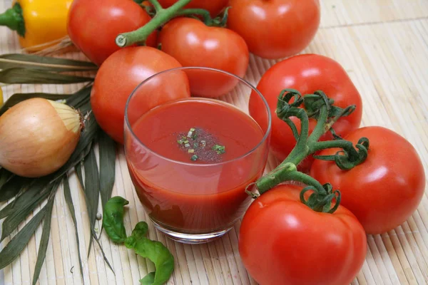 Tomato Juice Glass Wooden Table — Stock Photo, Image