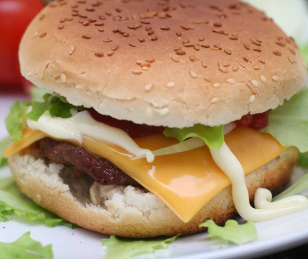 Sabrosa Hamburguesa Con Queso Cerca —  Fotos de Stock