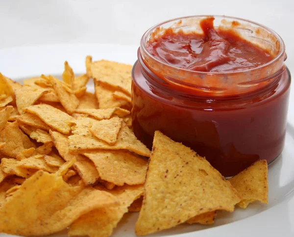 Nachos Sauce Chips White Plate — Stock Photo, Image