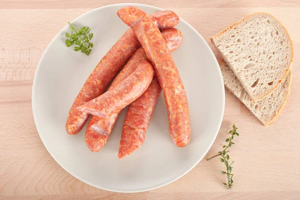 Raw Sausages Spices Plate — Stock Photo, Image